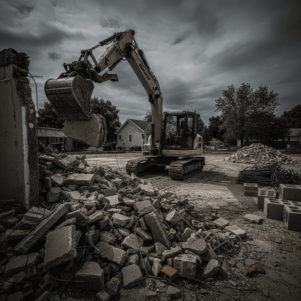 Excavator handling demolition rubble on residential property