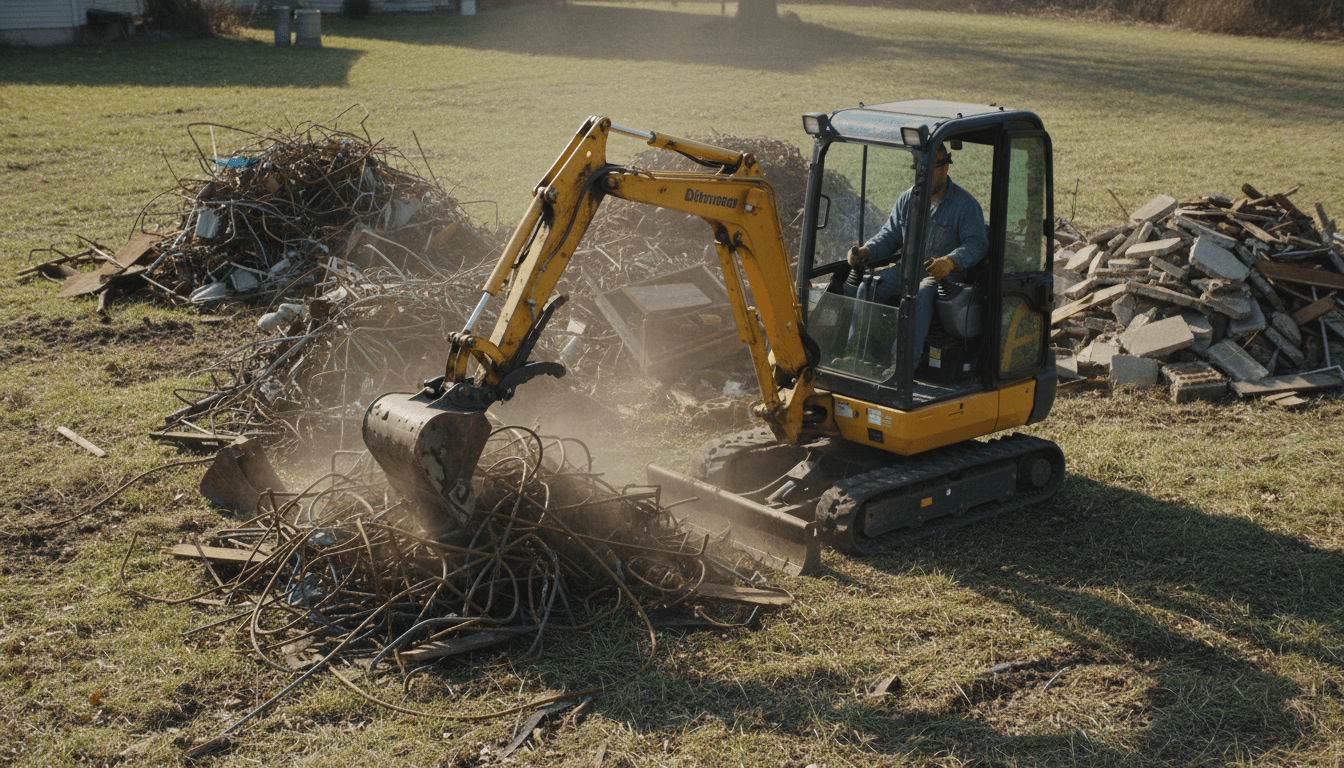 Small excavator clearing debris and scrap materials from a Middletown residential property