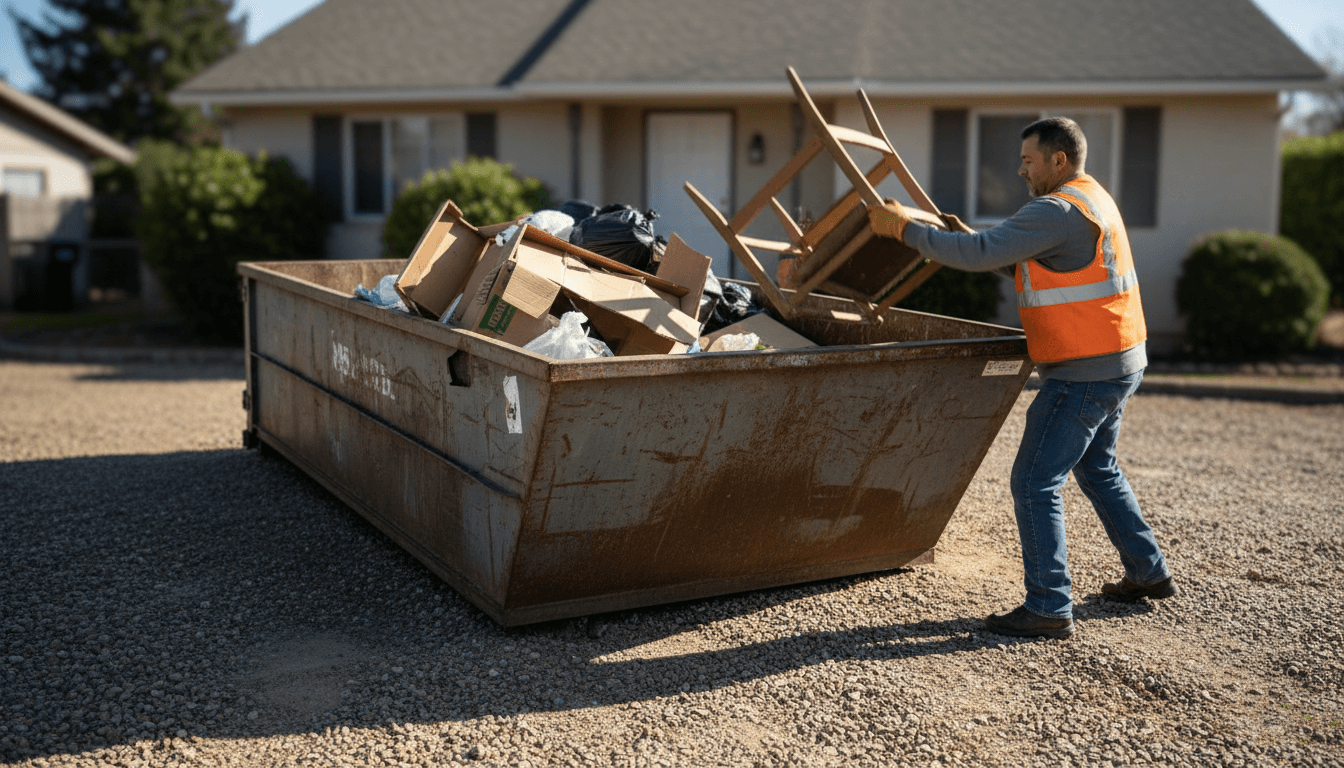 Worker loading debris into dumpster at residential property in Middletown