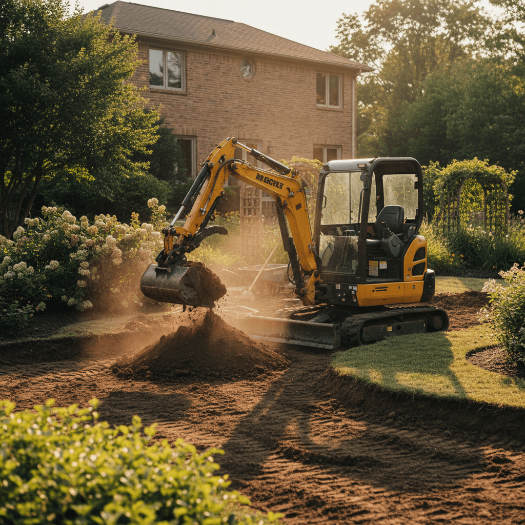 Excavator moving and shaping soil for landscape project