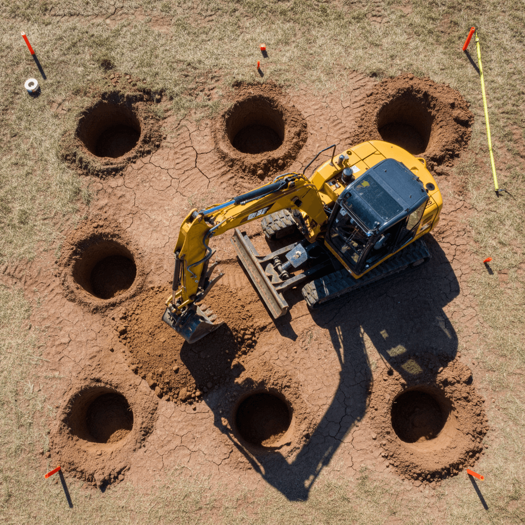 Excavator digging precise post holes for fence installation