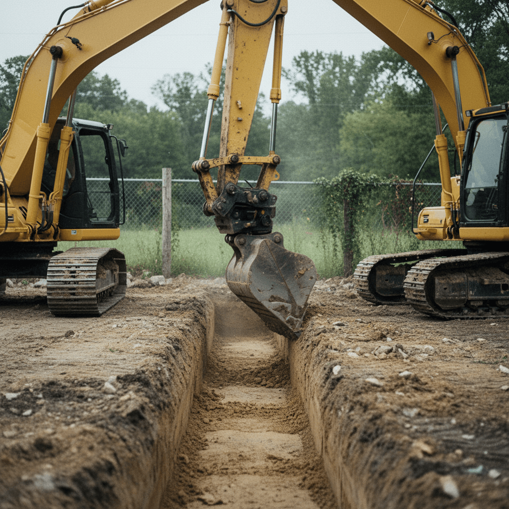 Excavator digging clean utility trench