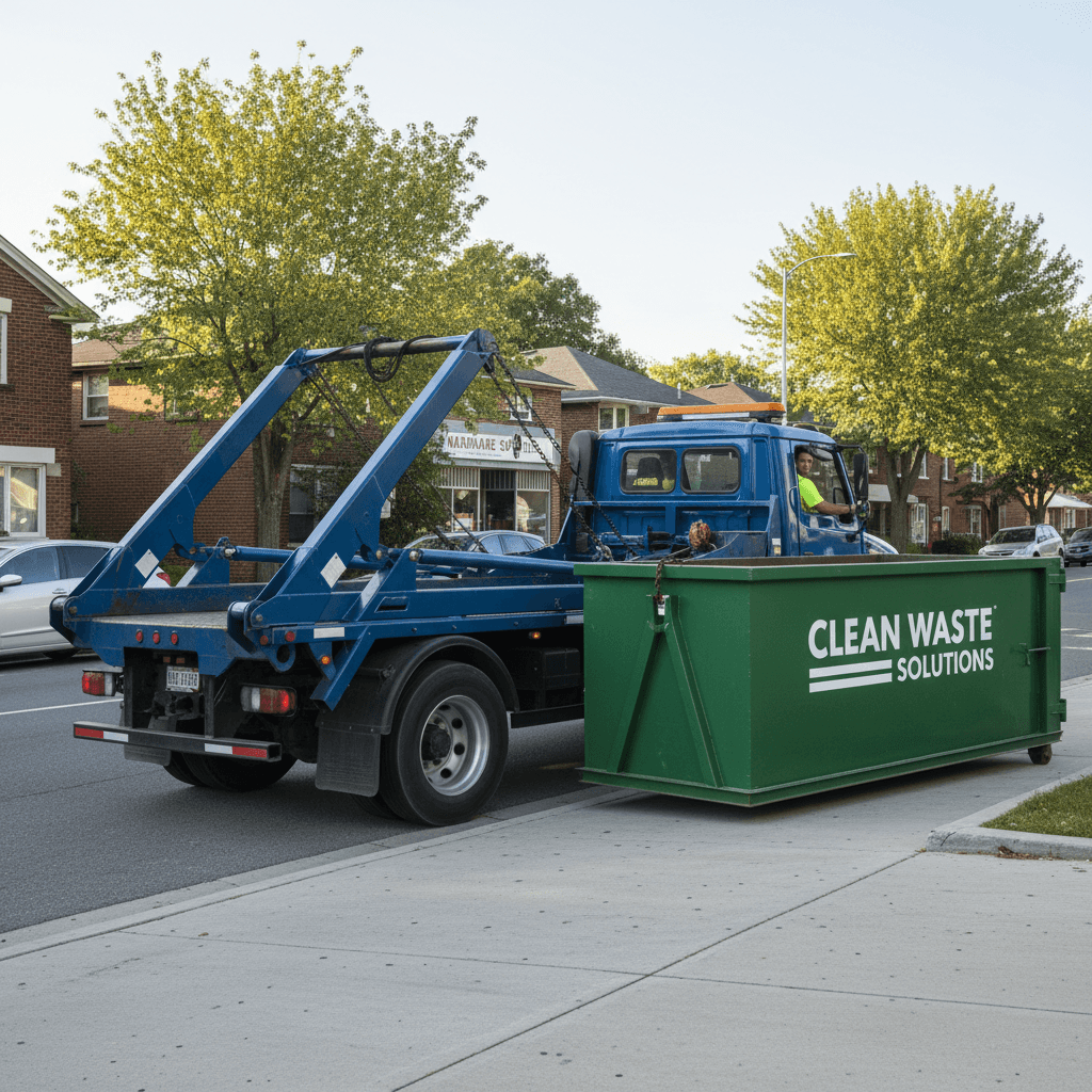 Dumpster delivery in progress