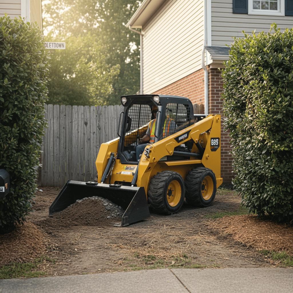 Compact skid steer loader working in residential backyard